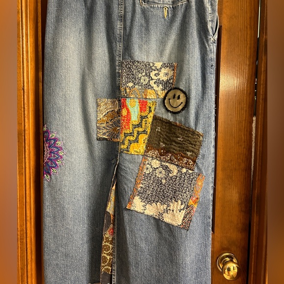 Remade denim maxi skirt with hand with hand embroidery and hand mended patches. - Picture 4 of 7
